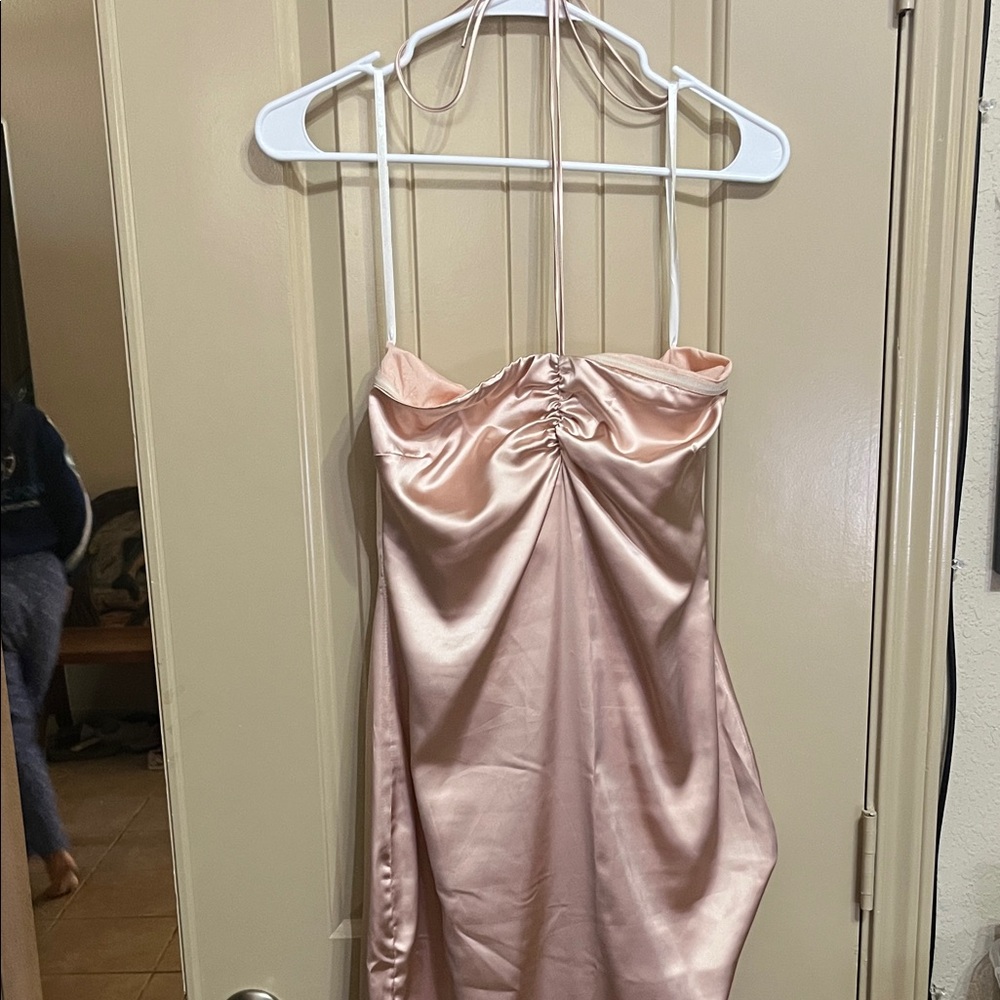 Elegant Strapless Cocktail Dress in Rose Gold Satin